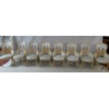 A set of eight Louis XVI style carved beech framed bergere style tub dining chairs in powder blue