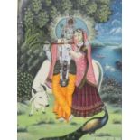 A 20th century large framed and glazed Indo-Persian silk painting of Radha Krishna, with a couple