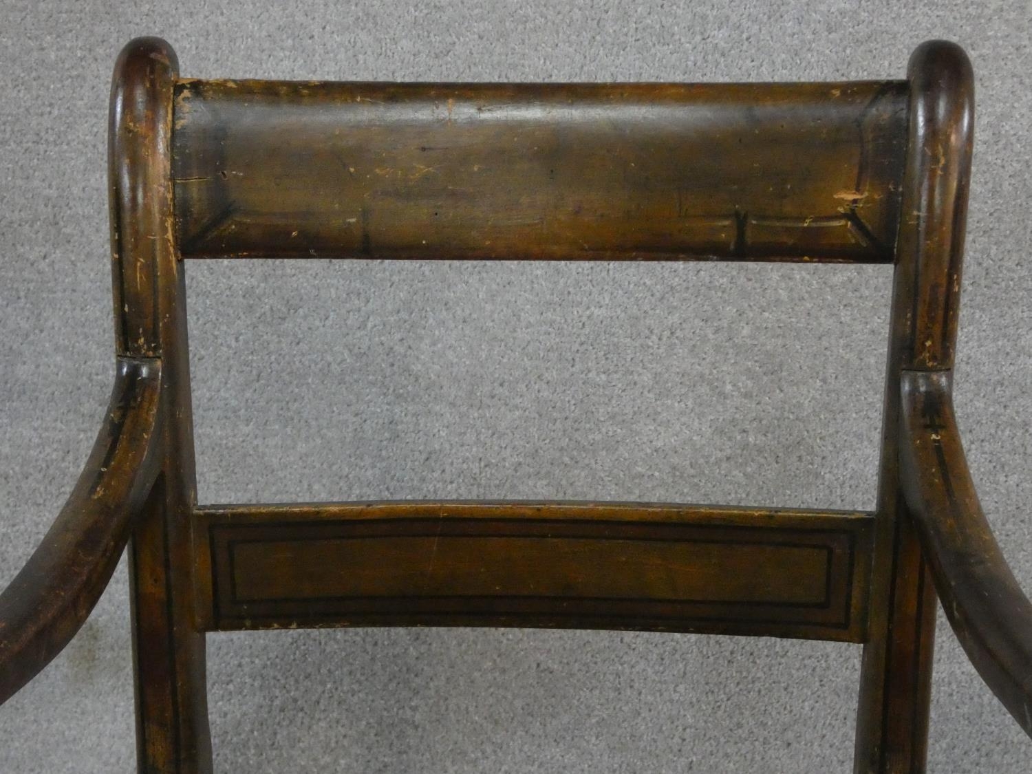 A Regency beech framed and painted caned seated armchair and a similar armchair (damaged as - Image 8 of 10