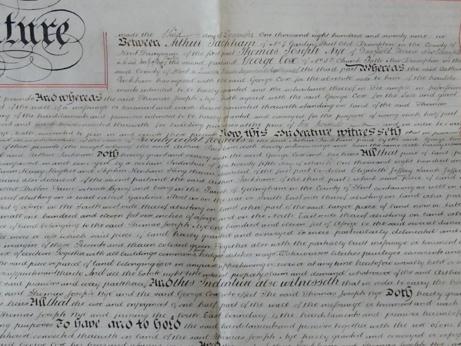 A collection of hand written 19th century and later land deeds and indenture documents. Some with - Image 8 of 32