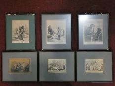 A collection of six framed and glazed antique engravings of satirical cartoons. Three are hand