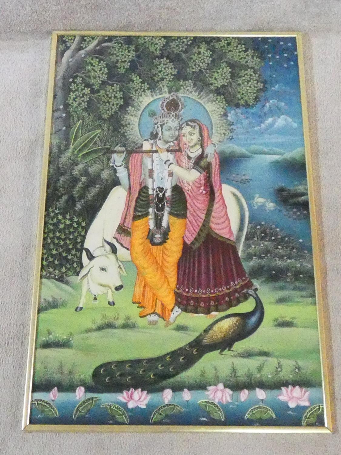 A 20th century large framed and glazed Indo-Persian silk painting of Radha Krishna, with a couple - Image 2 of 6