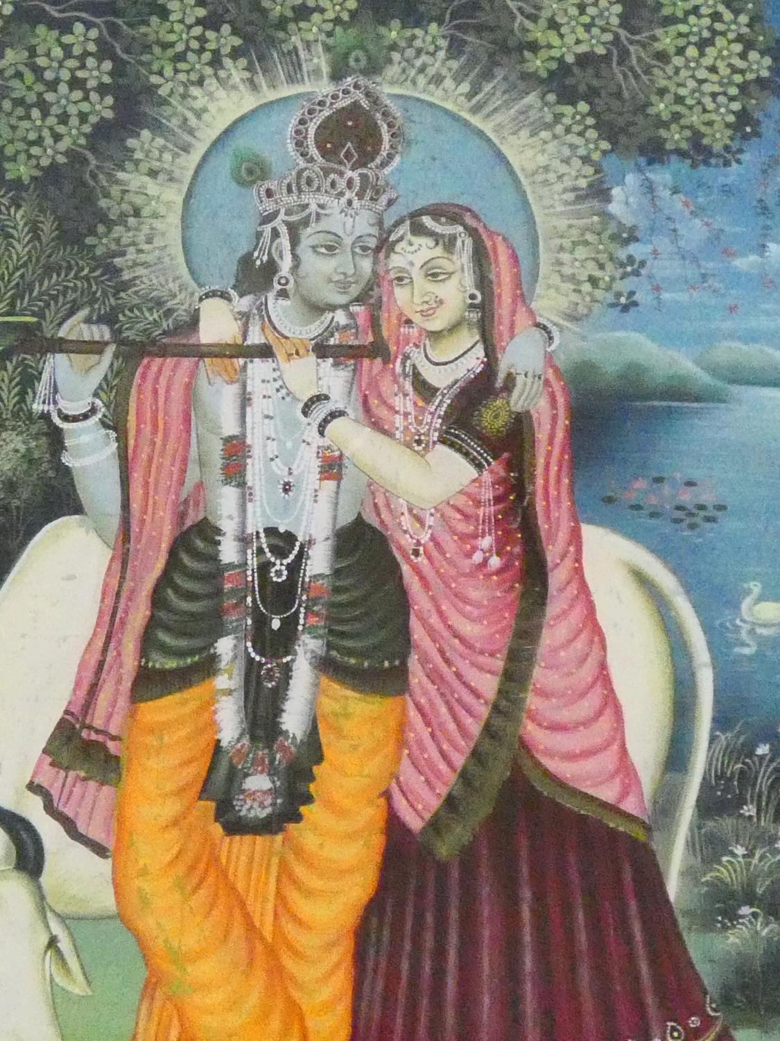 A 20th century large framed and glazed Indo-Persian silk painting of Radha Krishna, with a couple - Image 4 of 6