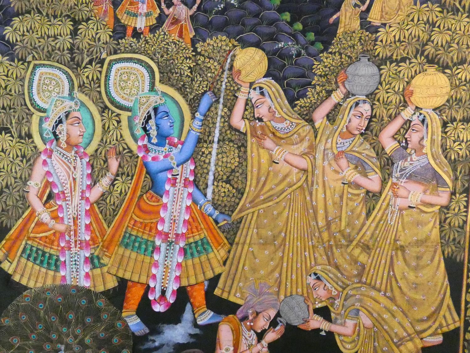 A large framed Indo-Persian gilded silk painting of Krishna with females surrounding him, standing - Image 3 of 8