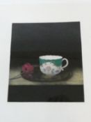 A framed and glazed signed mezzotint by Japanese artist Tomoe Yokoi, depicting a tea cup and a rose.