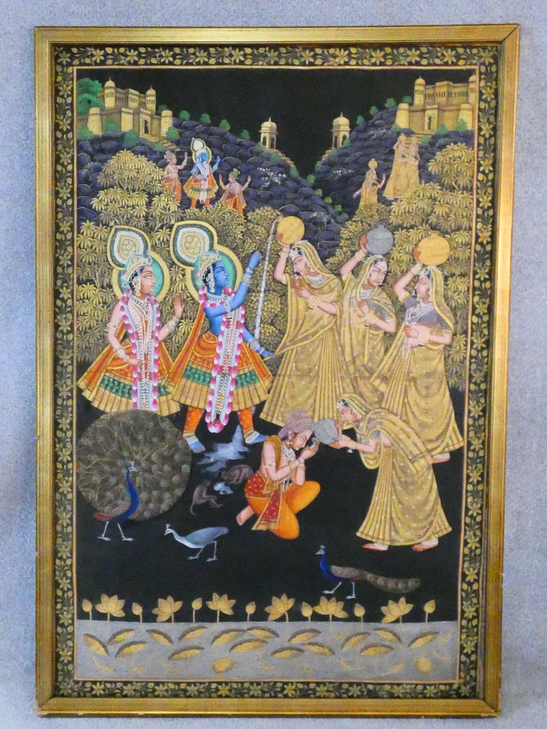 A large framed Indo-Persian gilded silk painting of Krishna with females surrounding him, standing - Image 2 of 8