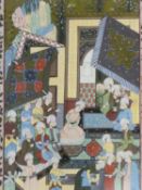 A 20th century framed and glazed Indo-Persian silk painting of a court scene, with a floral design