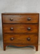 A mid 19th century small mahogany chest of three drawers on shaped bracket feet. H.85 W.79 D.45cm