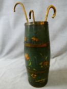 An antique brass bound and coopered stick stand with painted floral decoration along with three