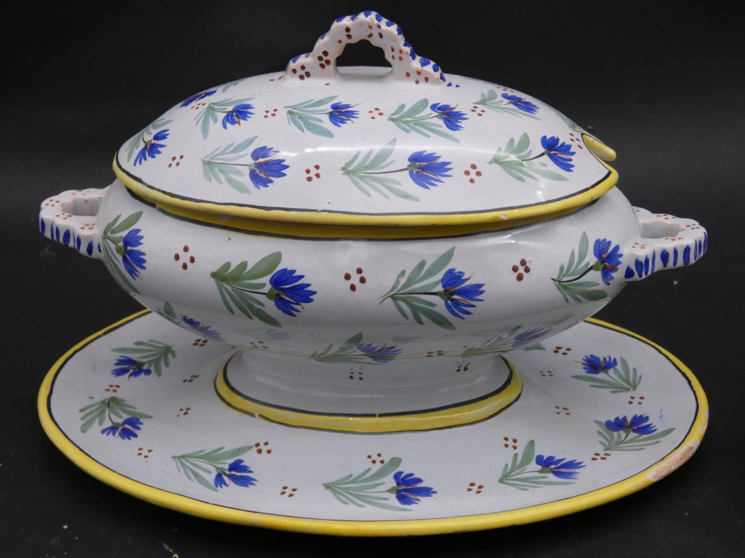 A large collection of antique Adolphe Porquier Quimper hand painted pottery dinner ware. Decorated - Image 8 of 10