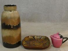 A collection of three ceramic items. Including a large West German glazed ceramic vase. with