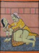 An Indian painting on framed textile, erotic scene. H.30 W.25cm