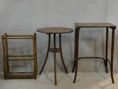 Two bentwood occasional tables and an oak bobbin turned stick stand. H.73 L.49 W.36cm