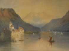 A gilt framed and glazed watercolour, Continental lakescape, signed T. M. Richardson. H.52 W.70cm