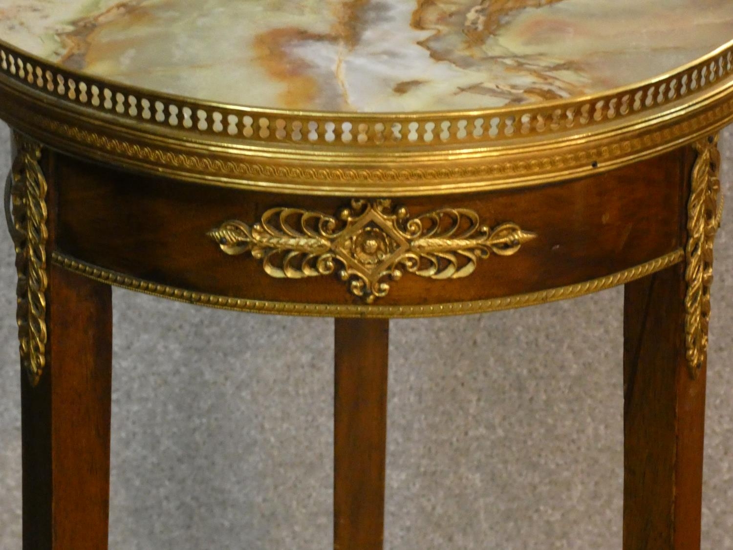 A 19th century French Empire ormolu mounted urn stand with brass galleried marble top on tapering - Image 3 of 5