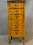 A Louis XV style burr walnut tall chest with ormolu mounts on cabriole supports. H.112 W.46 D.35cm