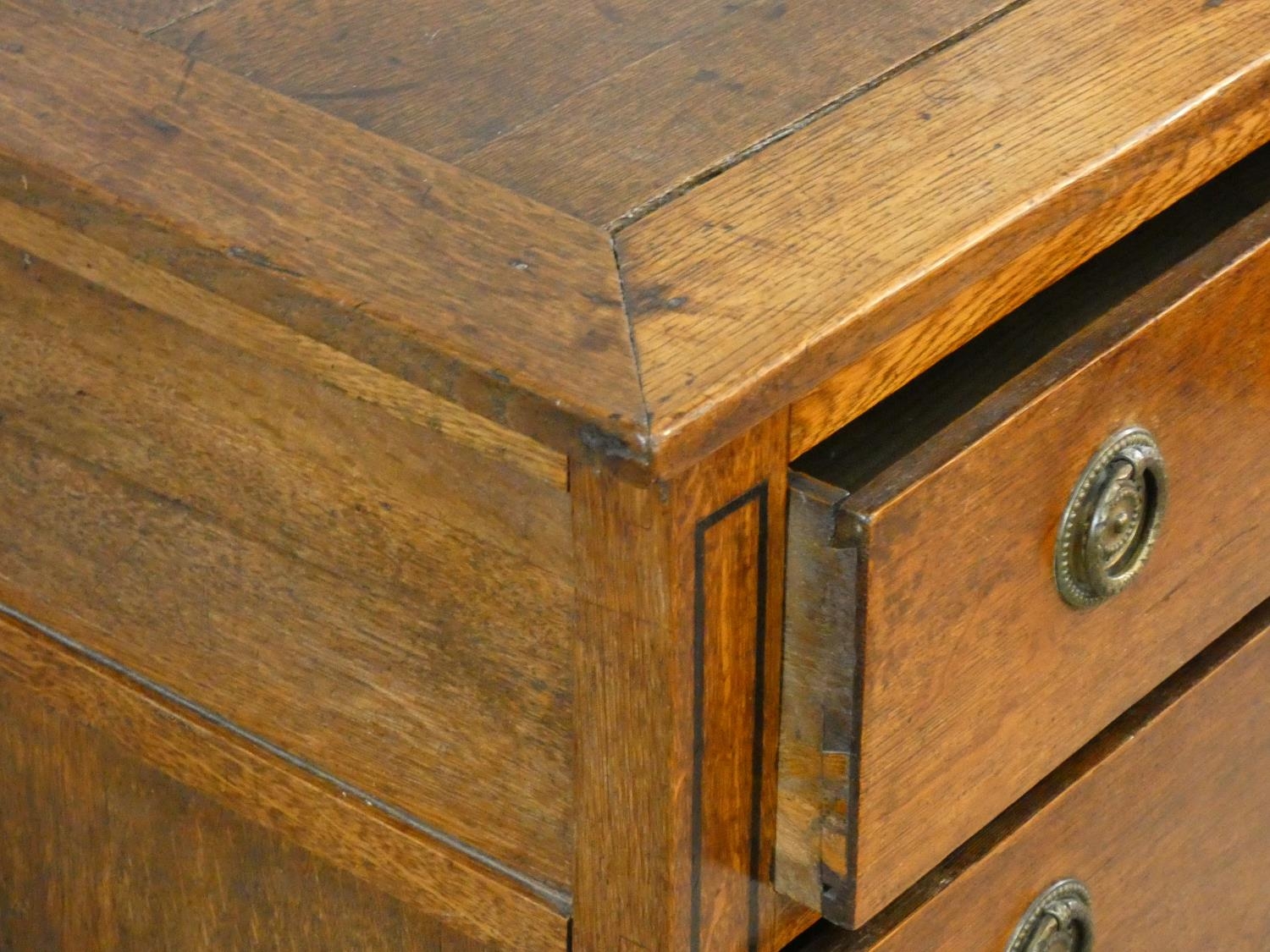 A 19th century French Provincial oak commode chest of three long drawers on square tapering - Image 5 of 8