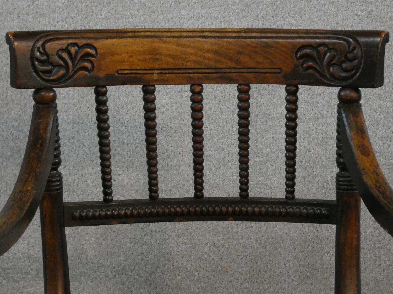 A Regency beech framed and painted caned seated armchair and a similar armchair (damaged as - Image 3 of 10