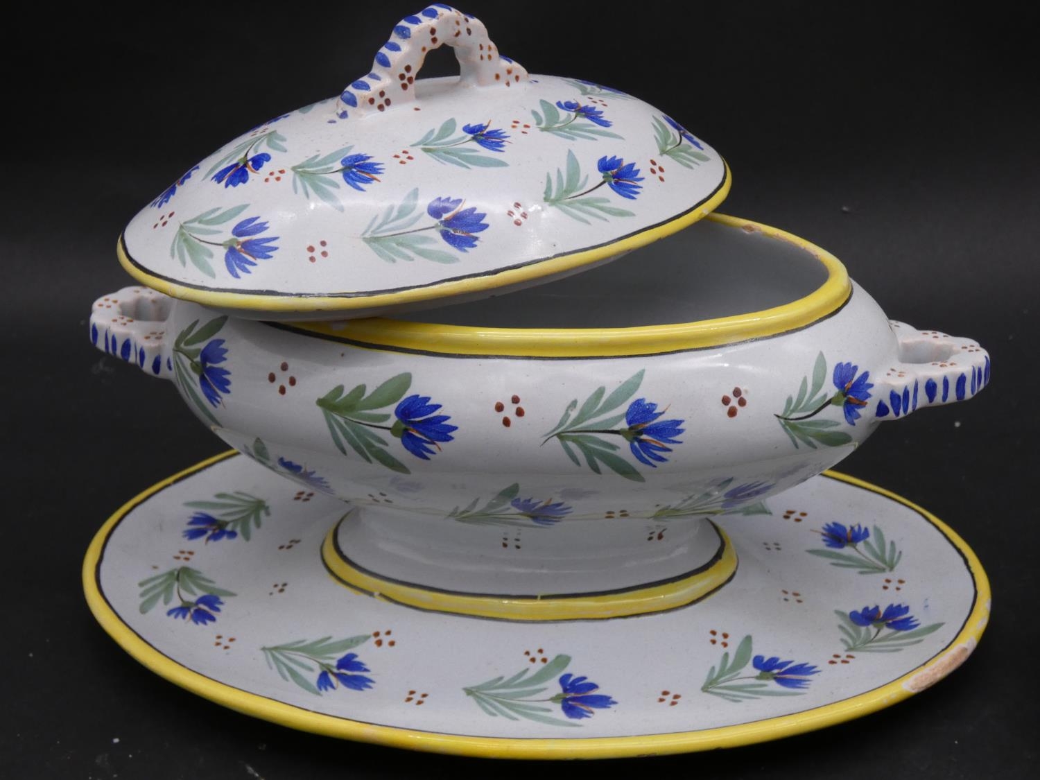 A large collection of antique Adolphe Porquier Quimper hand painted pottery dinner ware. Decorated - Image 9 of 10