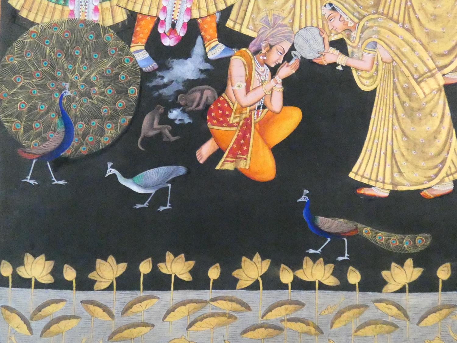 A large framed Indo-Persian gilded silk painting of Krishna with females surrounding him, standing - Image 5 of 8