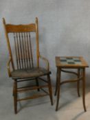 A late 19th century oak spindle backed chair and a late 19th century oak tiled top occasional table.