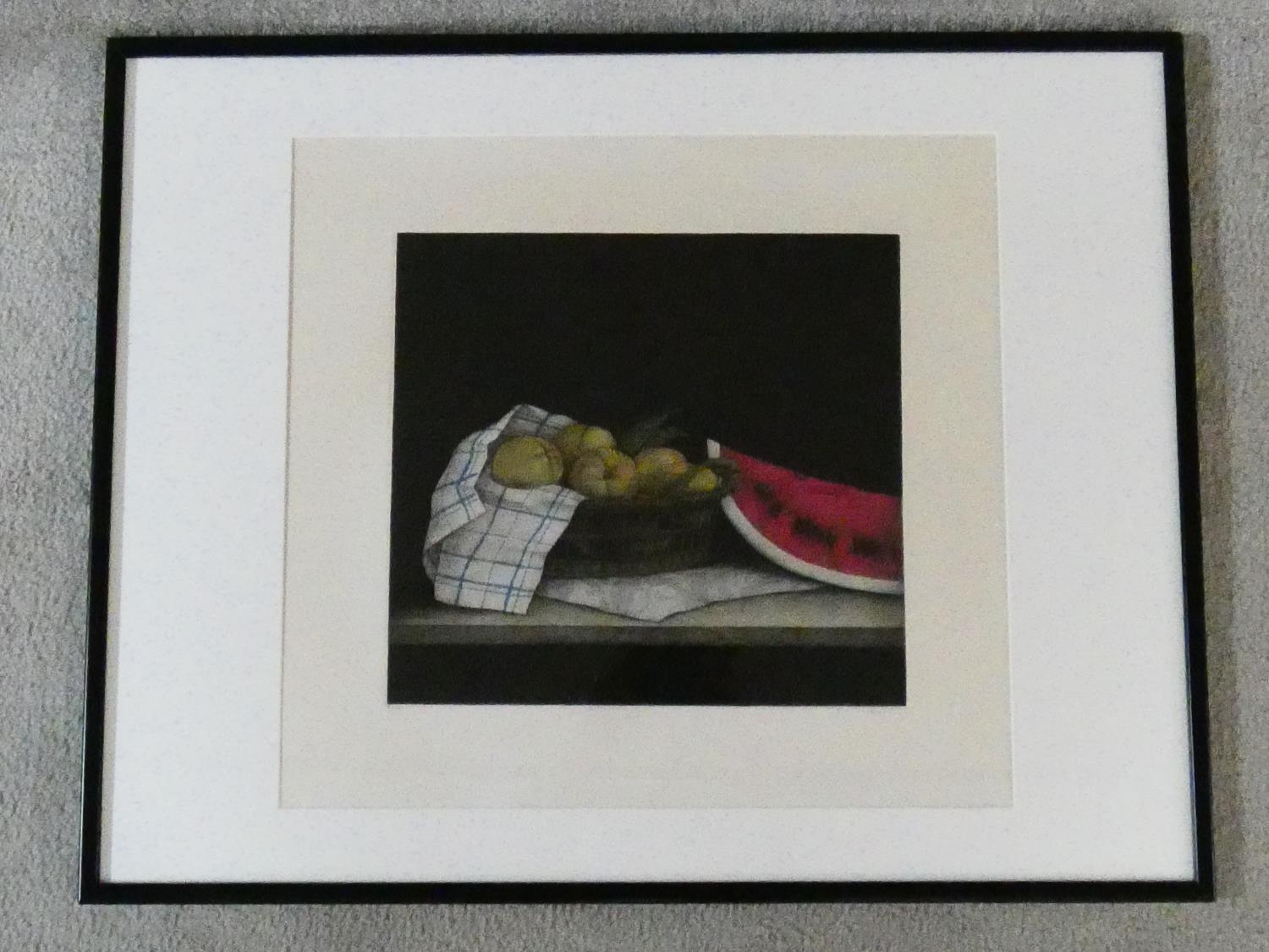 A framed and glazed signed mezzotint by Japanese artist Tomoe Yokoi, depicting a basket of pears and - Image 2 of 6