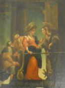 An 18th or 19th century carved gilt framed oil on canvas laid on board depicting saints conferring