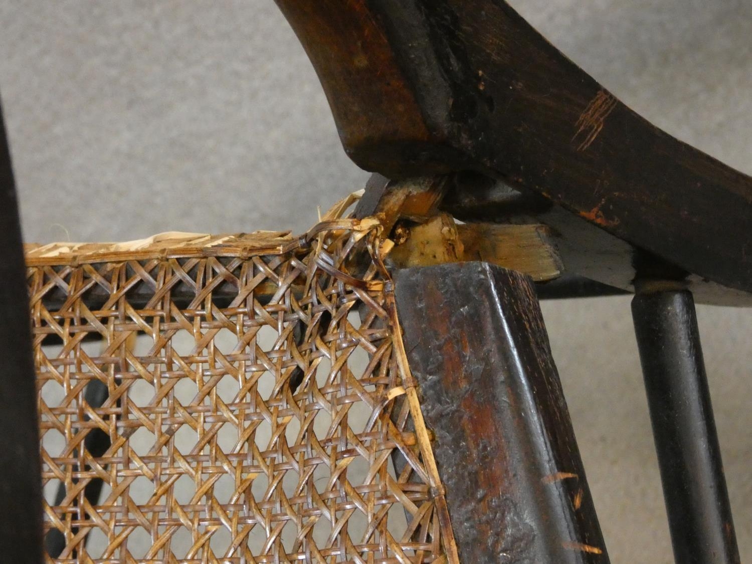 A Regency beech framed and painted caned seated armchair and a similar armchair (damaged as - Image 5 of 10