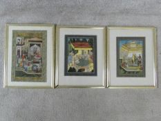 Three framed and glazed Indo-Persian paintings on parchment. Depicting three different court scenes.