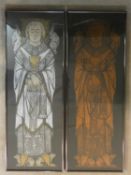 A complementary pair of framed and glazed medieval style saints. H.96 W.35cm