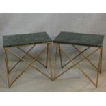 A pair of veined marble topped occasional tables on gilt metal bases. H.57 L.57 W.37cm