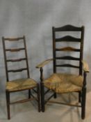 A 19th century elm rush seated ladderback armchair (damaged as photographed) and a similar dining