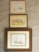 Three framed and glazed watercolors. One depicting sailing boats, a harvested hay field and a