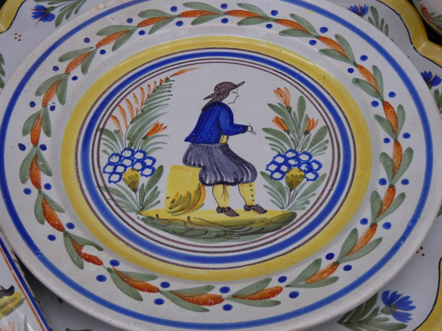 A large collection of antique Adolphe Porquier Quimper hand painted pottery dinner ware. Decorated - Image 4 of 10