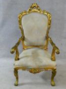 A Louis XVI style gilt framed throne armchair in pale damask upholstery. H.129cm