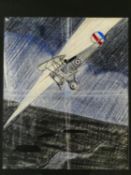 A framed and glazed pen and colour crayon study of a war bi-plane in a search light. H.51 W.44cm