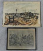 A framed and glazed antique etching of Tom Molineaux vs Tom Cribb along with a ink drawing on