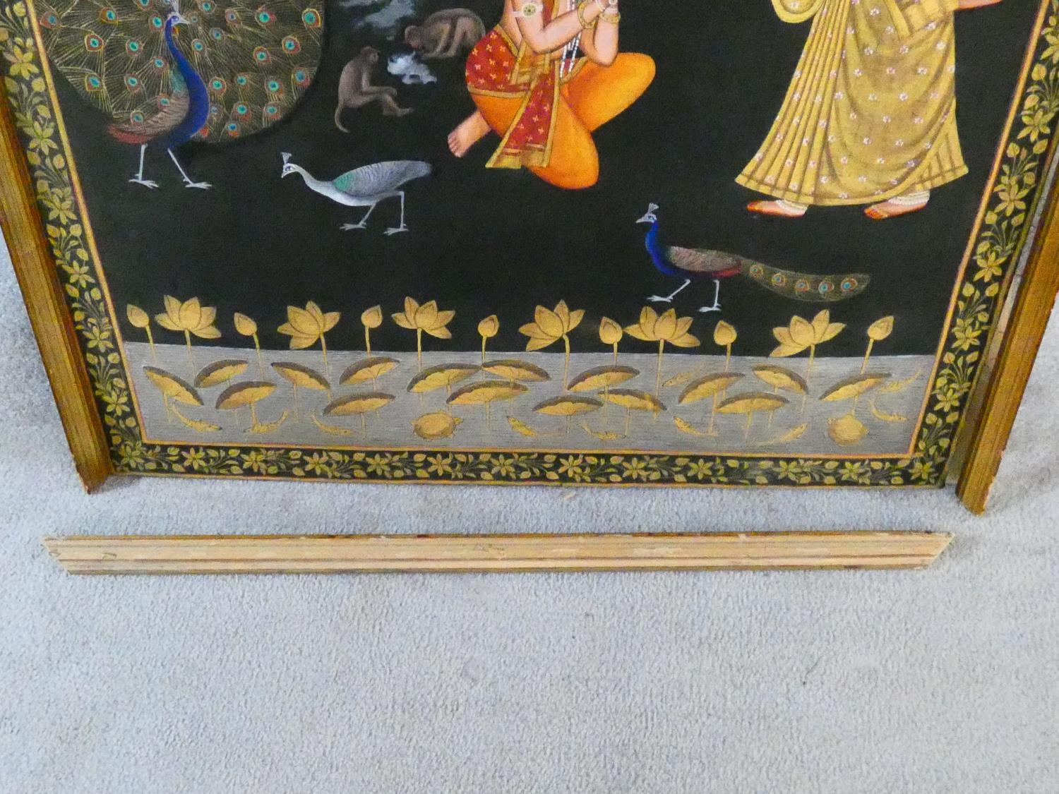 A large framed Indo-Persian gilded silk painting of Krishna with females surrounding him, standing - Image 8 of 8