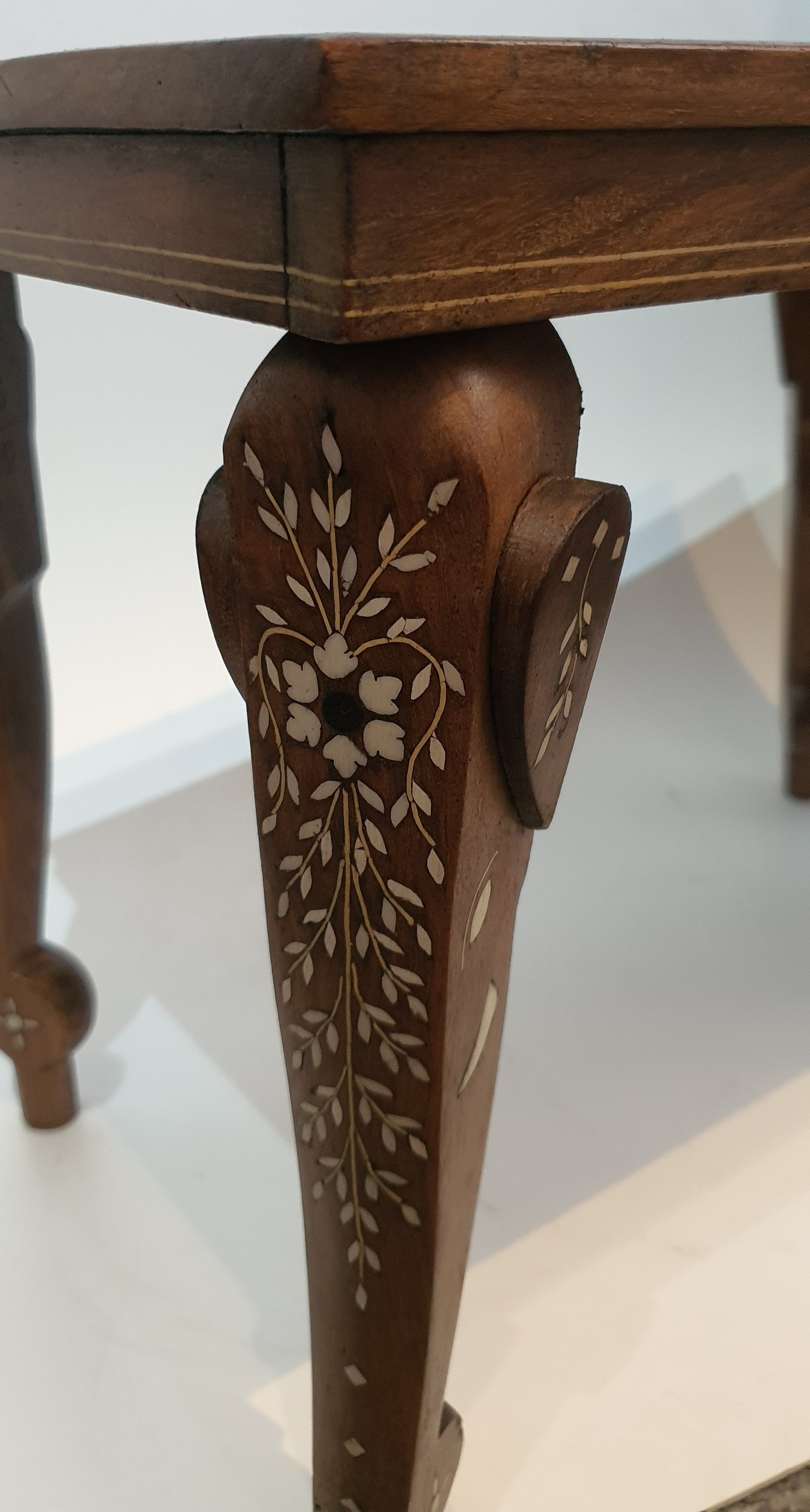 An antique Indian side table inlaid with with ivory on elephant head shape supports. The table has a - Image 5 of 5