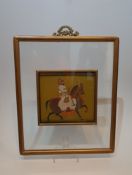 A framed and glazed Indo-Persian miniature in gouache, depicting a nobleman on horse back. H.22xW.