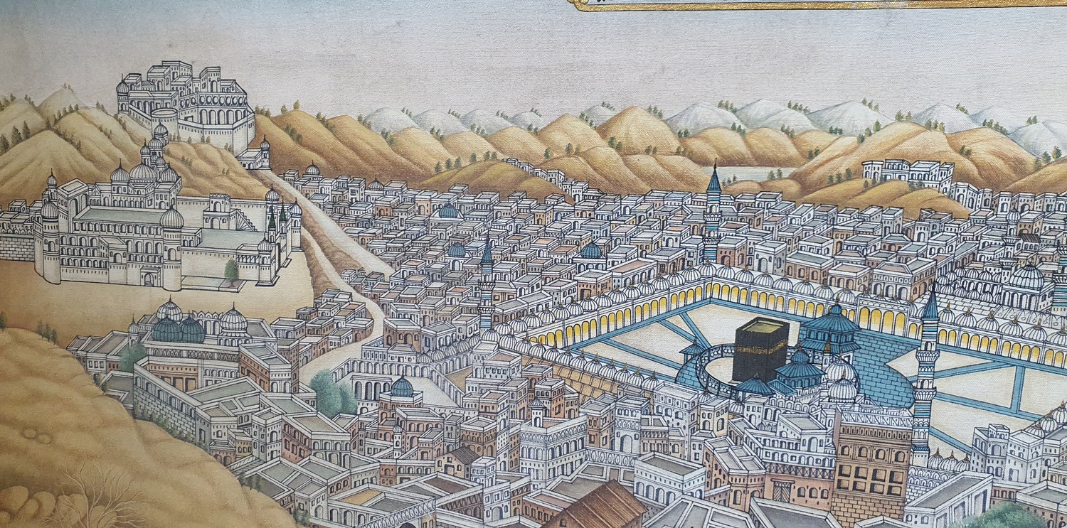 A 19th century finely painted unusual bird's-eye view of the Qa'ba and the city of Mecca on - Image 4 of 4