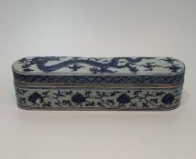 A Chinese blue and white glazed porcelain lidded box for calligraphy tools, decorated with a five