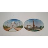 A large pair of antique Indian ivory plaques, each hand painted, one of the Taj Mahal and the