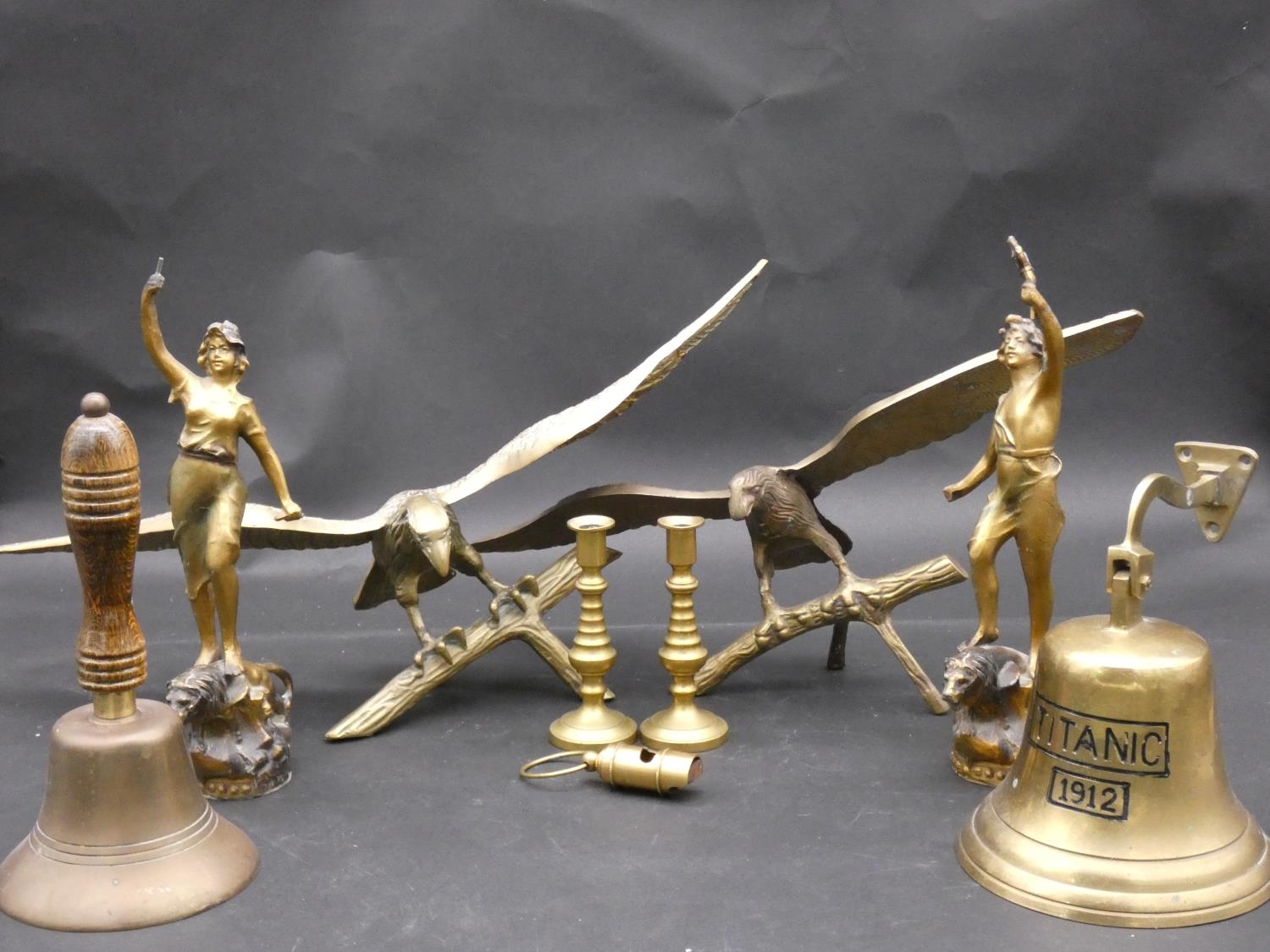 A pair of antique French spelter figures and a miscellaneous collection of brass items viz; a pair