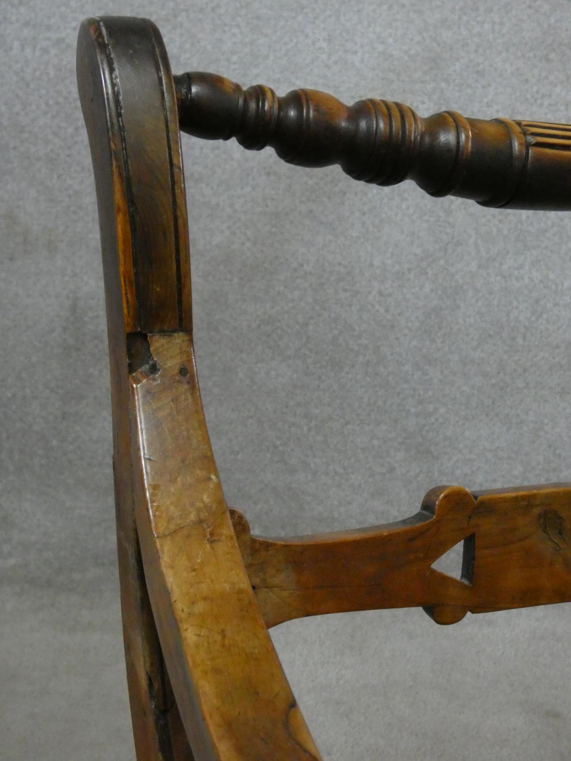 A 19th century beech framed armchair with moulded elm seat on turned stretchered supports. H.87cm - Image 8 of 8