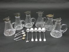 A collection of six antique cut glass whisky noggins with silver tops, fully hallmarked, various