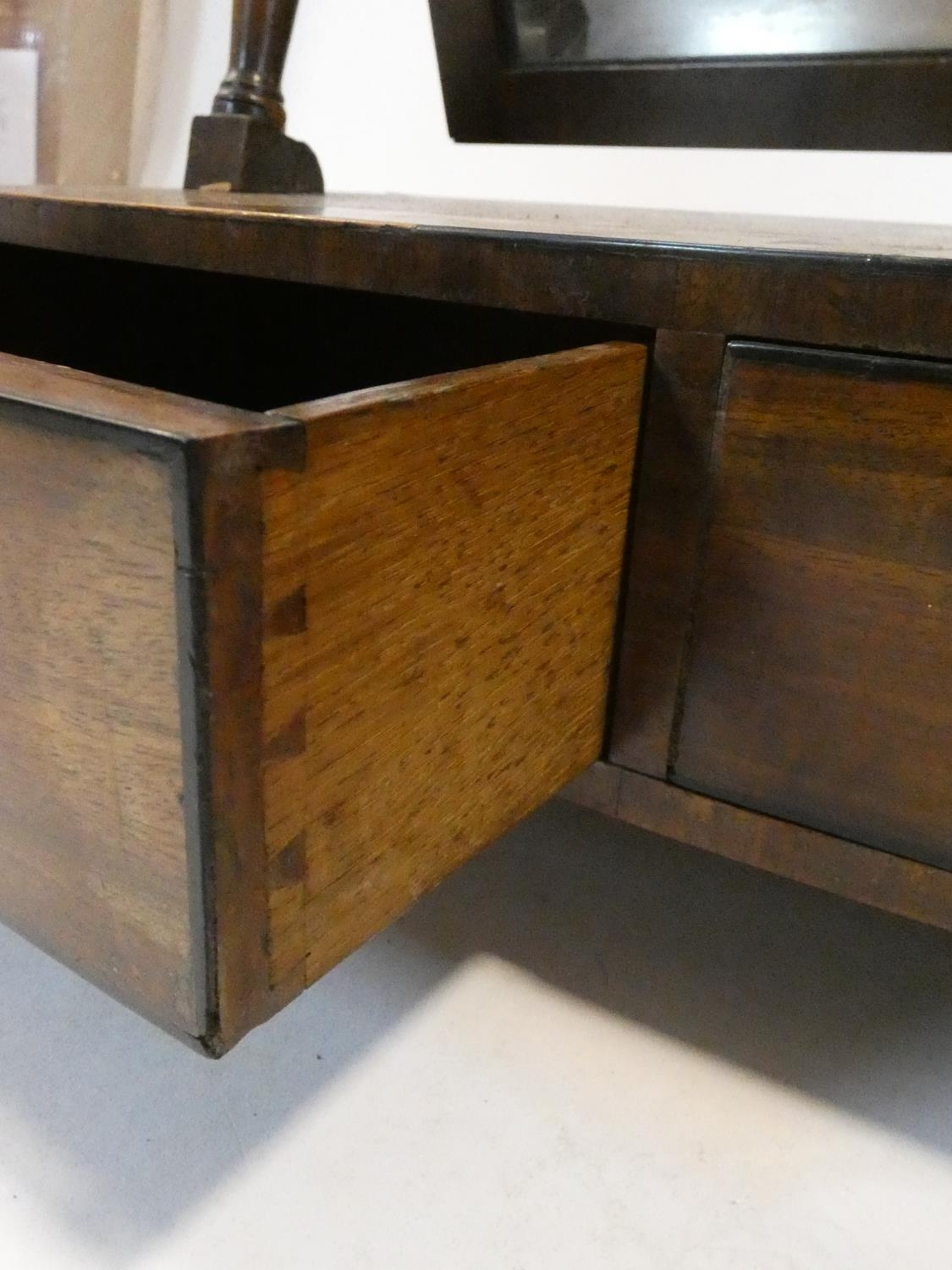 A Georgian mahogany swing toilet mirror fitted with original plate on bowfronted base with two - Image 6 of 10