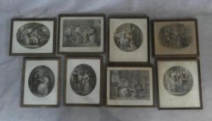 A collection of eight antique framed and glazed hand coloured engravings. Including Lady Jane