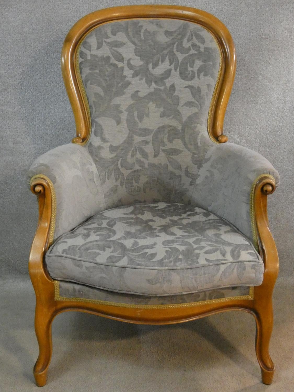 A pair of 19th century style beech framed armchairs in cut floral velour upholstery on carved - Image 2 of 6