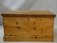 A 19th century pine lidded coffer with twin iron carrying handles and hinges on a plinth base. H.